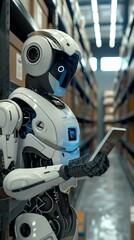 Fototapeta premium Futuristic android robot navigating and working with tablet in modern warehouse, concept of roboticized warehouses. Advanced robotics and automation in inventory management.