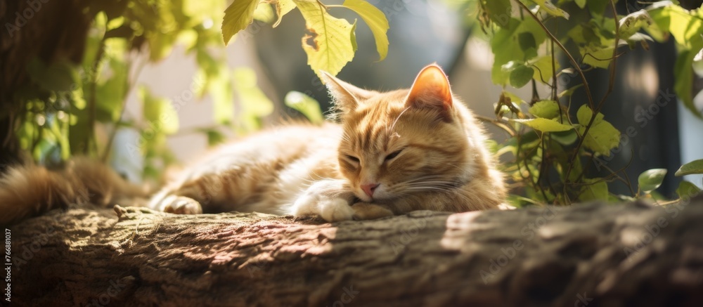 Poster a small to mediumsized cat from the felidae family is resting on a rock under a tree, surrounded by 