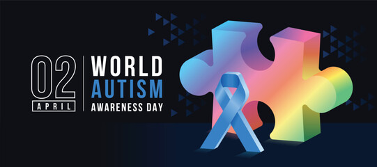 World Autism Awareness Day - 3D rainbow colorful jigsaw puzzle piece and light blue ribbon awareness on black background vector design - 766881086