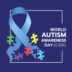 World Autism Awareness Day - Light blue ribbon awareness with colorful jigsaw puzzle piece in white frame on dark blue background vector design - 766881093