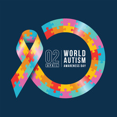 World Autism Awareness Day - Colorful jigsaw puzzle texture ribbon awareness with roll circle frame on dark blue background vector design - 766881099