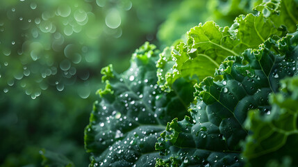 Fresh kale leaf with morning dew, vibrant green vegetable closeup