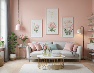 A cozy living room decorated for Easter with pastel colors and spring flowers colorful background