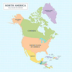 North America separated country full color map with the country name for design an decoration. 