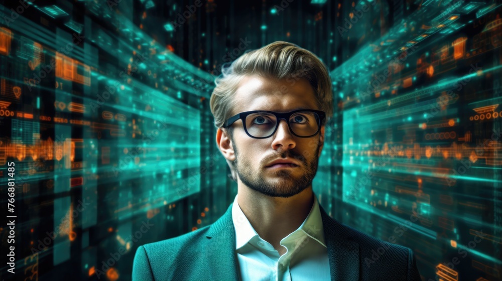 Poster tech analyst study cyber data chart from corporate system for statistical analytic defining marketin