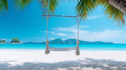 Tropical beach panorama as summer relax landscape with beach swing or hammock