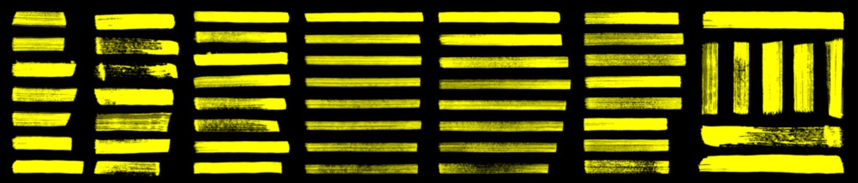 Straight marker line vector strokes. Yellow hand drawn stripes.Text highlighter pen, marker, brush, underlines strokes set. Rough grunge thick paint line texture. Vector sketch rectangle text boxes