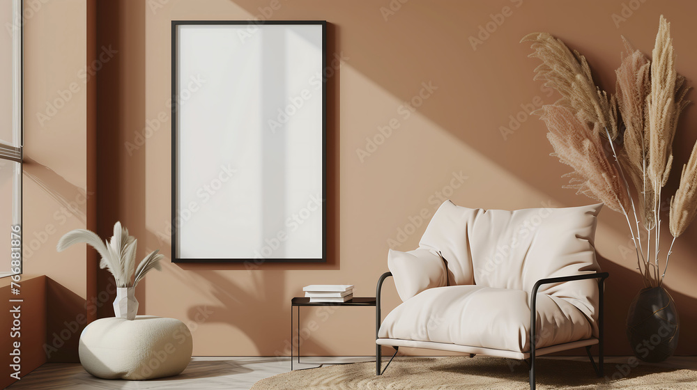 Poster Living room interior with blank poster frame mockup.