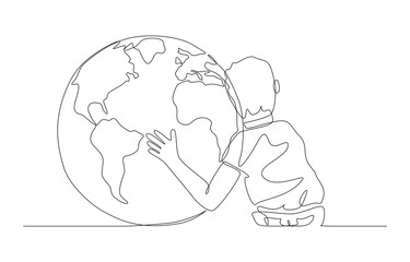 Continuous one line drawing of boy hugging earth, cultivating children to save the earth concept, single line art.