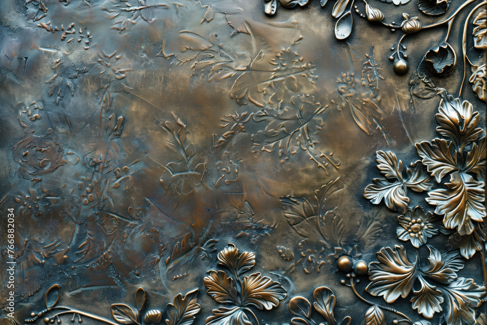 Poster oxidized bronze antique floral pattern art background image. created with generative ai technology.