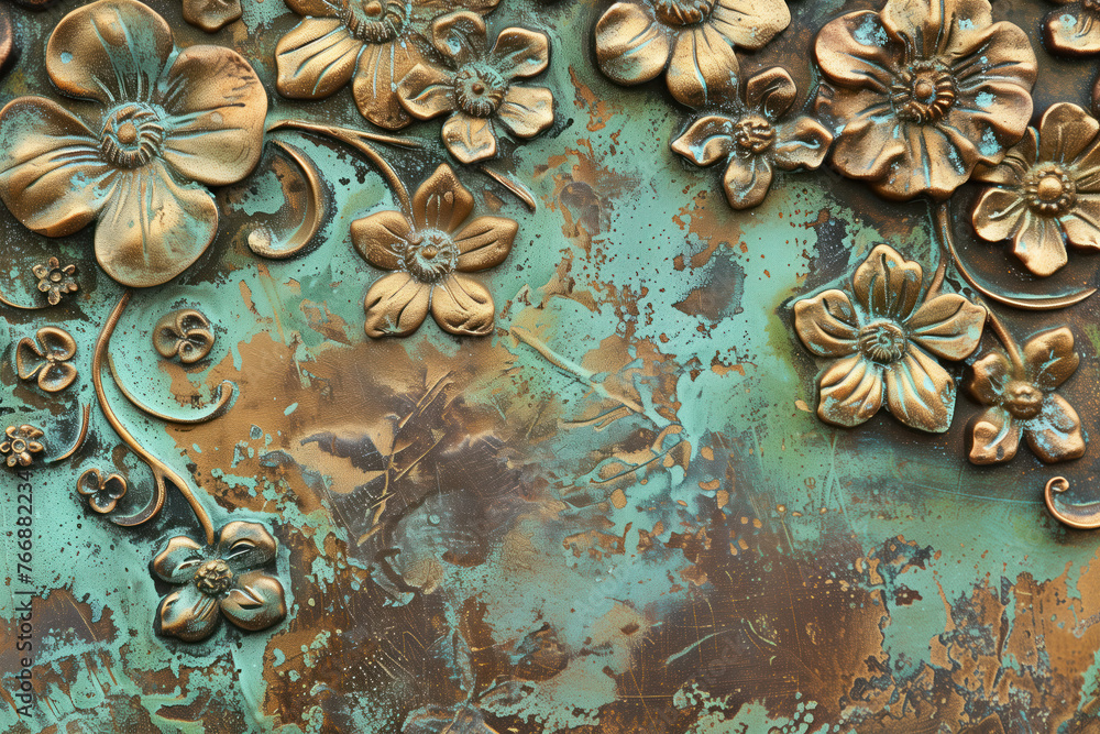 Wall mural Oxidized bronze antique floral pattern art background image. Created with Generative AI technology.