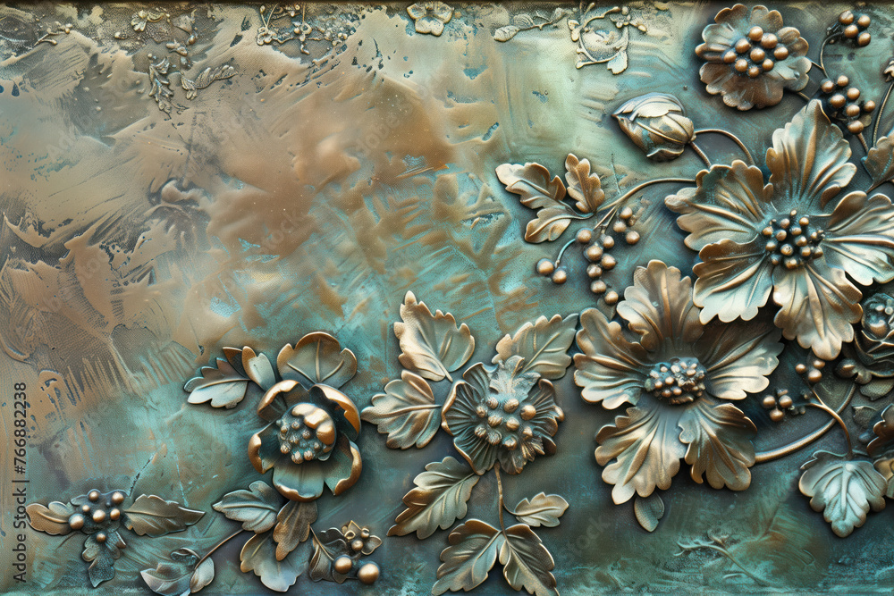 Poster oxidized bronze antique floral pattern art background image. created with generative ai technology.