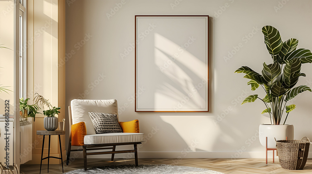 Poster Living room interior with blank poster frame mockup.