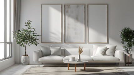 Living room interior with blank poster frame mockup