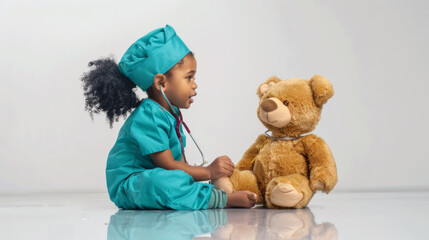 A toddler in pajamas is pretending to examine a plush teddy bear with a stethoscope.