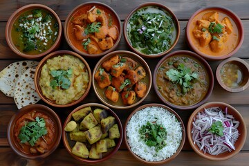 Assorted Indian dishes including chicken palak paneer chicken tikka biryani vegetable curry papad dal and more. Concept Indian Cuisine, Chicken Dishes, Vegetarian Options, Spicy Curries - obrazy, fototapety, plakaty