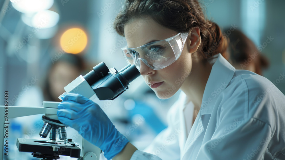 Poster a scientist is examining a specimen through a microscope in a modern laboratory setting.