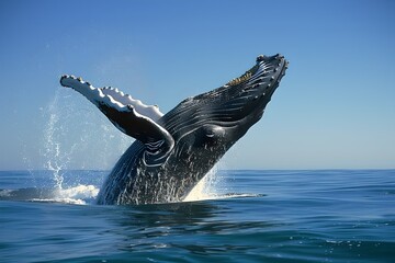 Naklejka premium Majestic Humpback Whale Breaching in Open Sea. Ocean Wildlife Photography. Nature's Powerful Beauty Captured. Serene Marine Scene. Generative AI