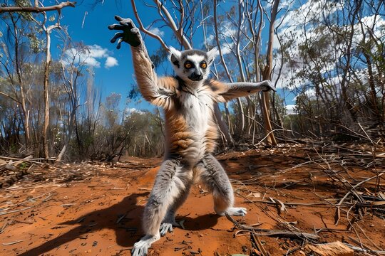 Dancing Lemur in Natural Habitat Captured in Bright Daylight. Wildlife Scene with Humorous Pose. Generative AI