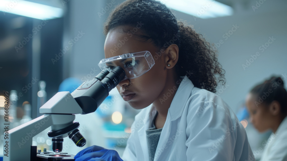 Poster a scientist is examining a specimen through a microscope in a modern laboratory setting.
