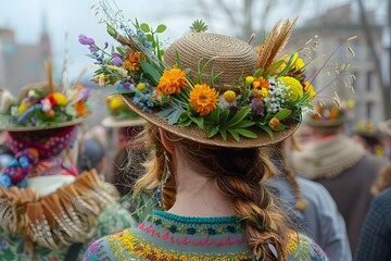 Group of People Wearing Hats and Flowers on Heads