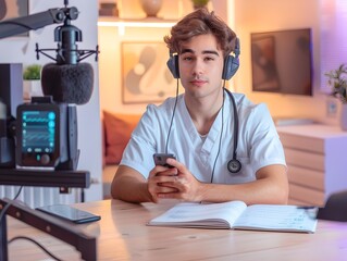 Medical student records a health podcast in a cozy room. Informative content creation. Home studio setup. Authentic lifestyle. Generative AI