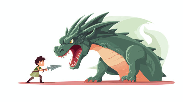 Dragon Warrior Boy Fighting a Dragon - fantasy flat vector