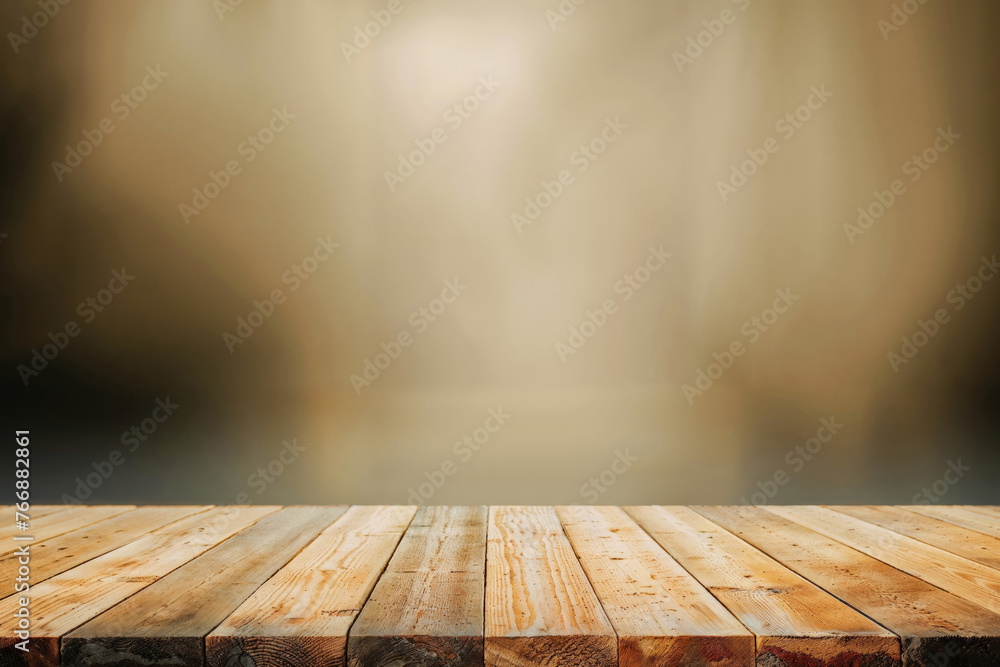 Aufkleber Natural wooden tabletop with smooth bokeh background. Empty product display concept with copy space. High quality photo