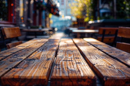 Wooden tables at an outdoor cafe. Blurred background with bokeh lights and urban setting. High quality photo