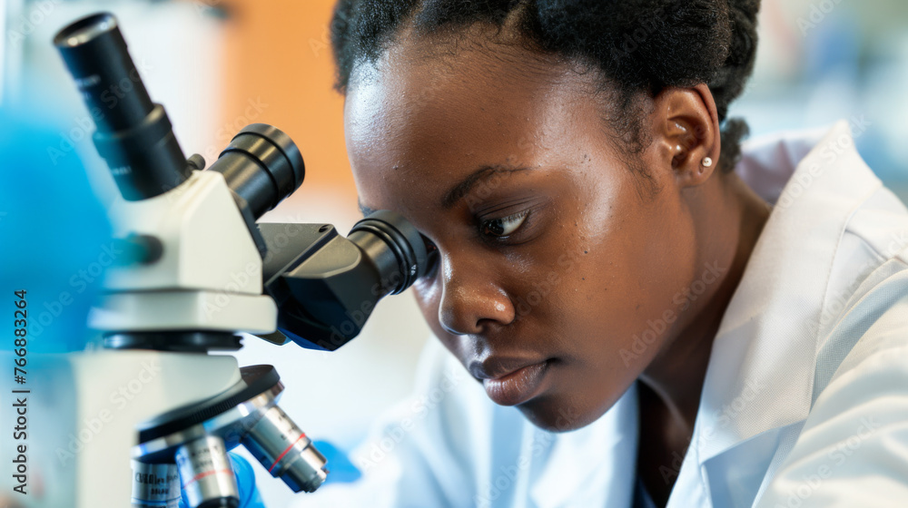 Poster a scientist is examining a specimen through a microscope in a modern laboratory setting.