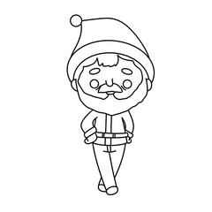A cartoon of a man dressed as Santa Claus. He is wearing a hat and a beard. He is walking and looking at the camera