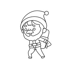 A cartoon character dressed as Santa Claus is carrying a large bag. The image is in black and white and has a playful, lighthearted mood