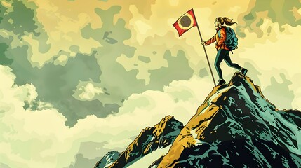 Mountaineer with Flag on Top of Mountain in Folk-inspired Illustration, To convey a sense of adventure, achievement, and inspiration through a unique