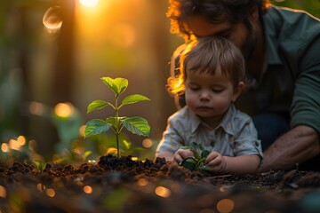 Woman and Child Looking at Plant