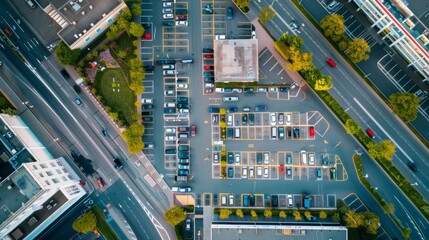 A birds-eye view of a bustling parking lot in the city with various vehicles parked and people...