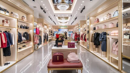 A womens clothing store with a vibrant red bench in front, inviting customers to rest while...