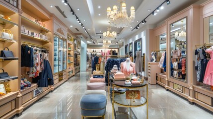 Interior of a womens clothing store with a chandelier hanging from the ceiling, showcasing the elegant decor and fashion items - obrazy, fototapety, plakaty