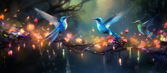 Two electric blue hummingbirds perched on a branch in the dark forest, their liquid movements like art in motion. A mystical event in the depths of nature