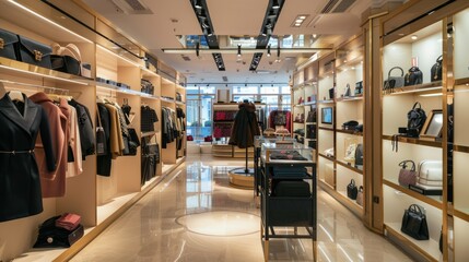 Obraz premium A womens clothing store showcasing a variety of handbags and purses in a large display