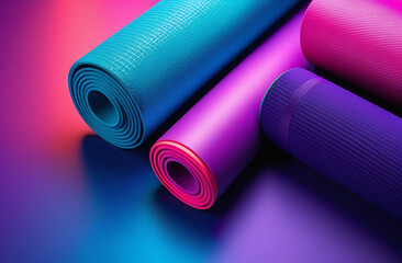 Top view of neon colored blue pink yoga mat on purple background. Yoga pilates or fitness practice. Losing weight and sport concept. Flat Lay. Copy space.