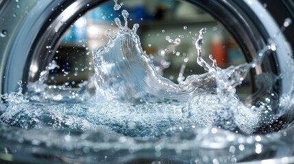 Water splashes out of a washing machine during a malfunction, creating a mess on the floor - obrazy, fototapety, plakaty