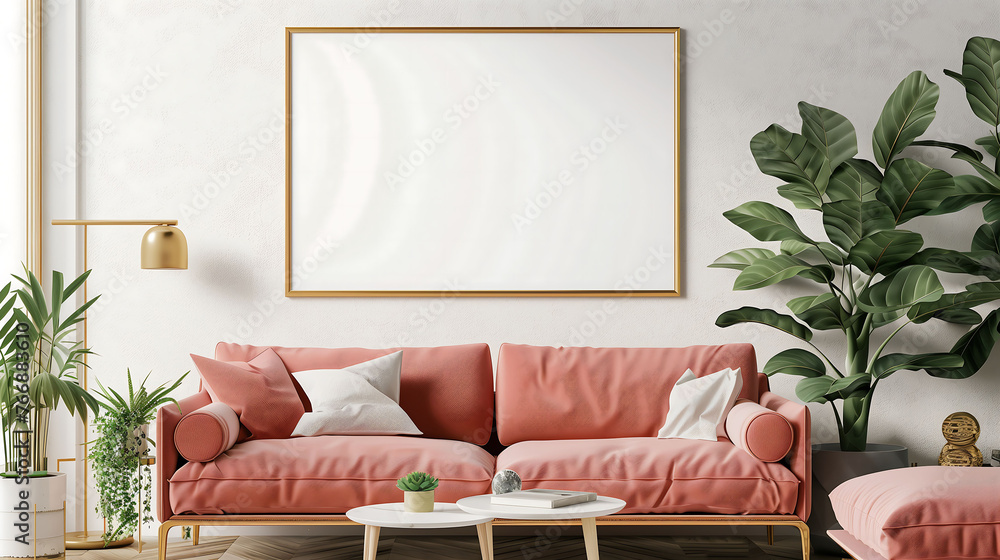 Poster Living room interior with blank poster frame mockup