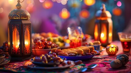 A beautifully set iftar table adorned with vibrant colors, delicious dates, and a glowing Ramadan lantern, surrounded by smiling friends and family. - obrazy, fototapety, plakaty