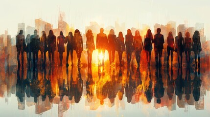 Silhouetted crowd with a double exposure cityscape