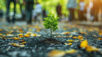 Young tree sprouting from asphalt ground