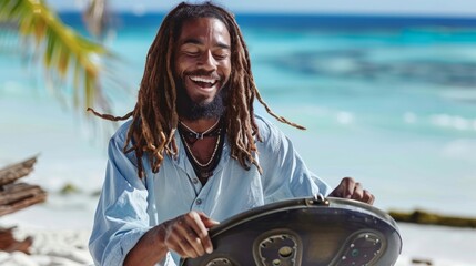 A man with dreadlocks smiles while holding a surfboard