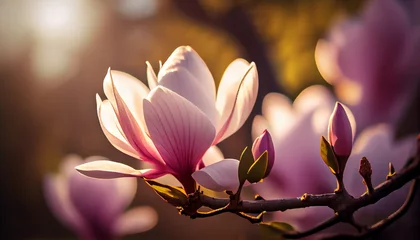 Rolgordijnen Beautiful blooming magnolia flower on branch, spring fresh air morning after rain. Natural sunlight bokeh. Generative AI © Anna
