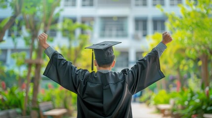 University Graduate : A male student expressing happiness with raised hands over university building in the background