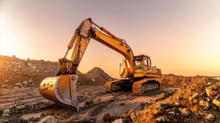 An excavator sits motionless on the slope of a rugged mountain, surrounded by rocky terrain and sparse vegetation - obrazy, fototapety, plakaty