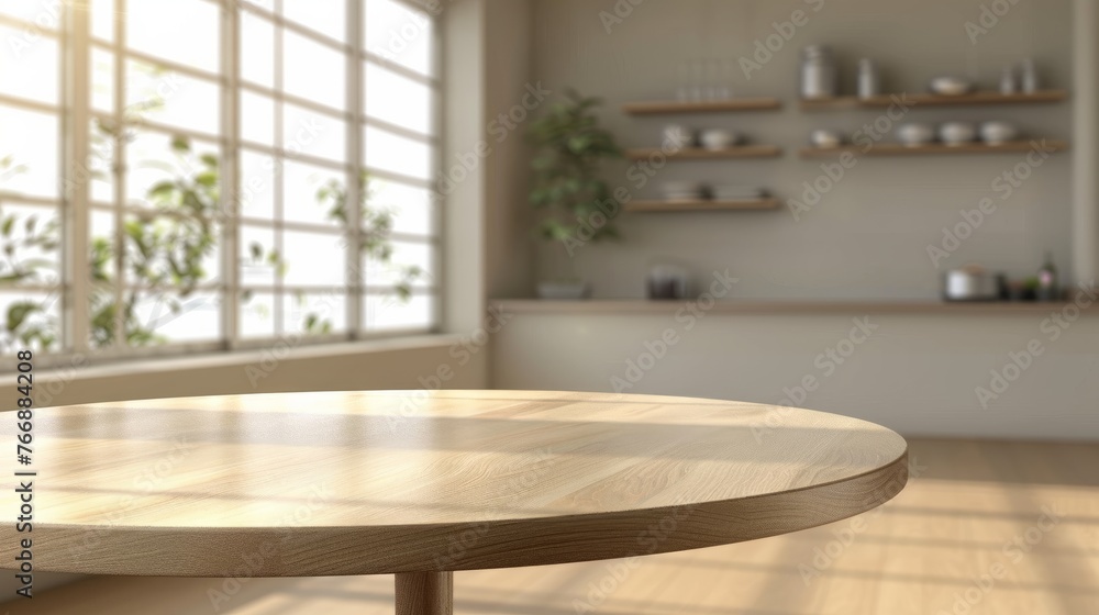 Aufkleber a wooden table placed in front of a window, creating a simple and practical setup for a workspace or